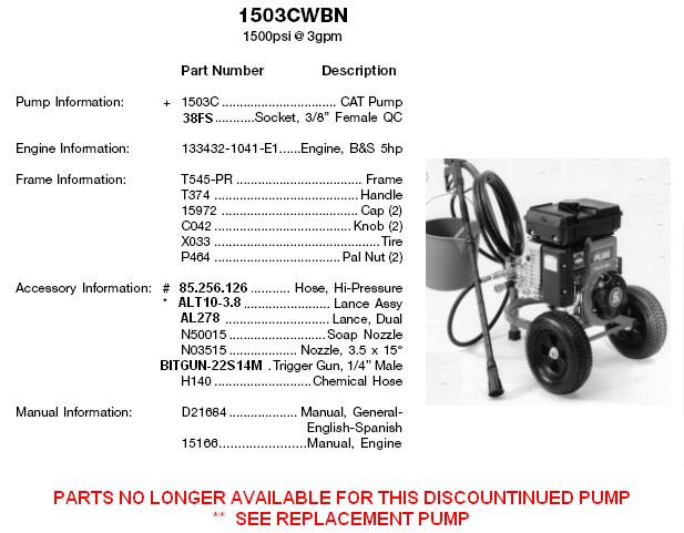 EXCELL pressure washer model 1503cwbn (cat) replacement parts